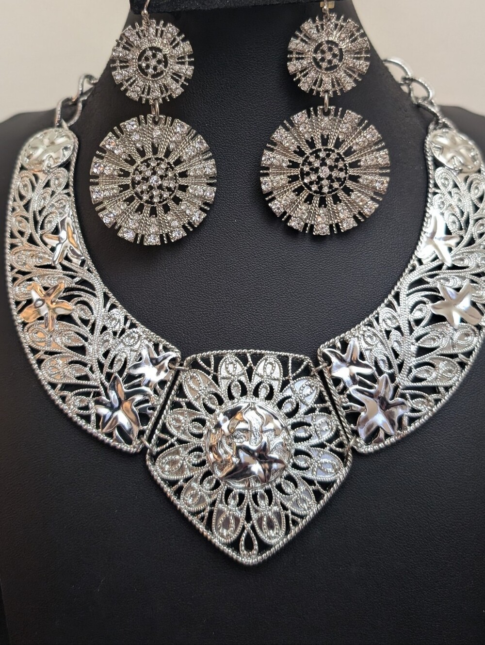 #64. 80s Jose Barrera For Avon Silver Filegree Necklace & Vintage Earrings